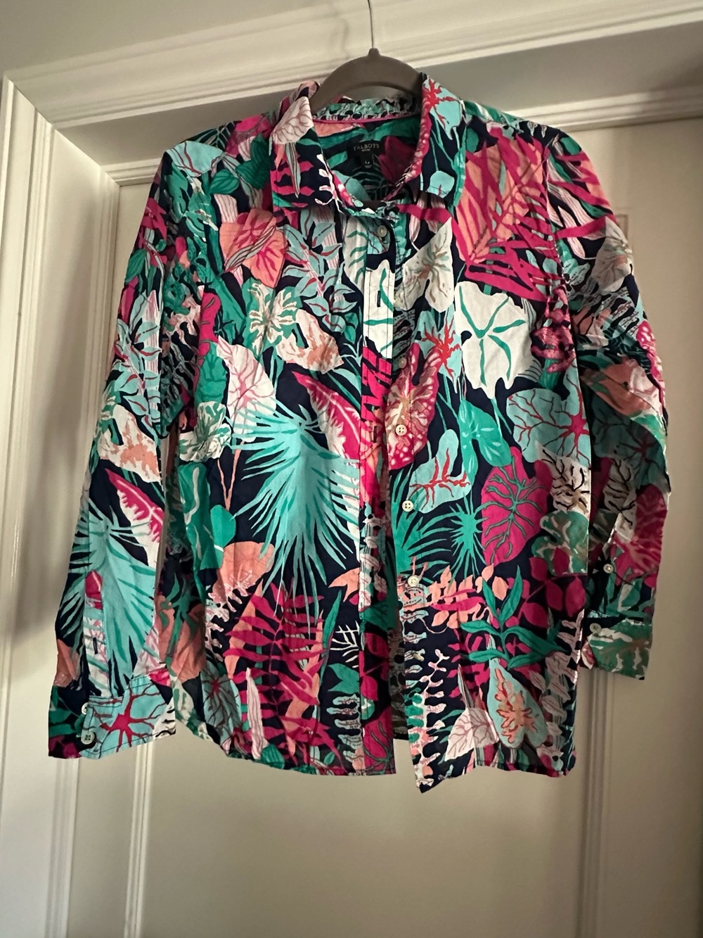 Talbots Tropical Floral Button-Up Blouse in Navy, Teal, Pink